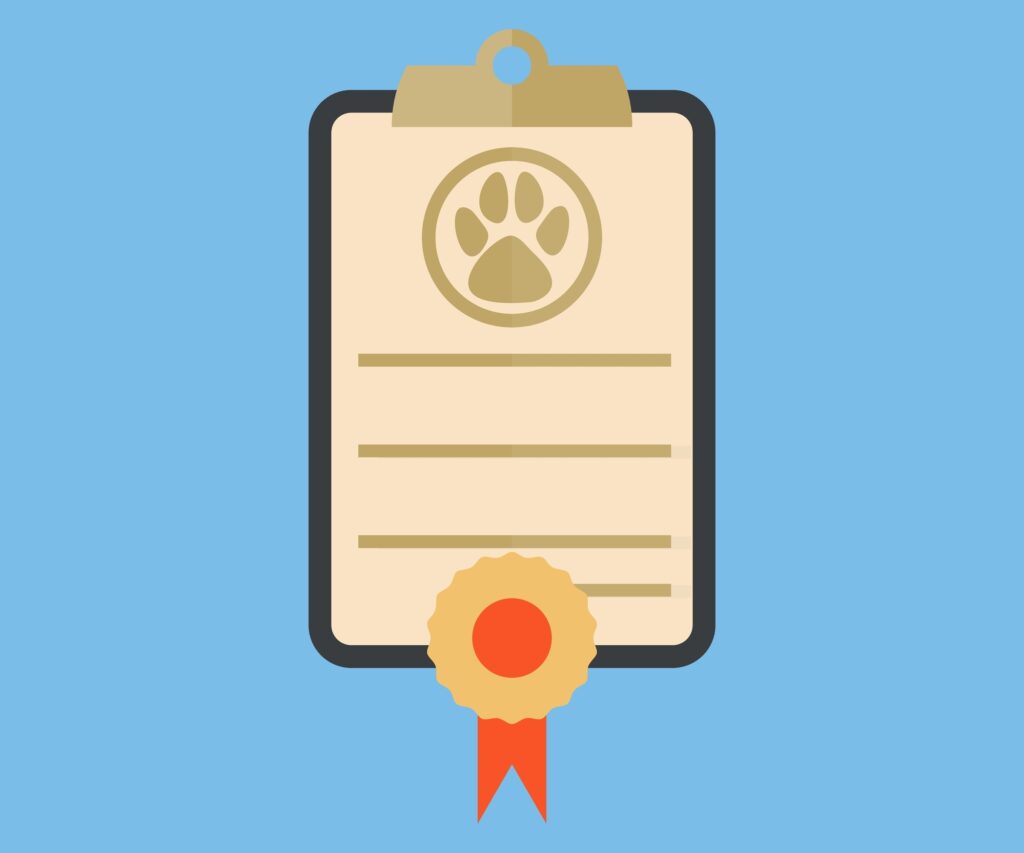 Document for pet. Dog or cat paw print. Medical certificate for travel with dog or cat logo design. Pet award sign vector design and illustration.